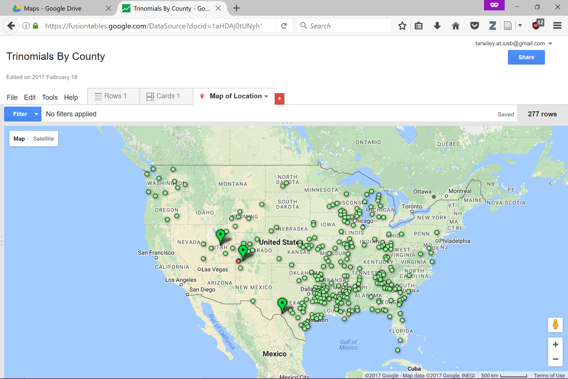 County map of trinomials 